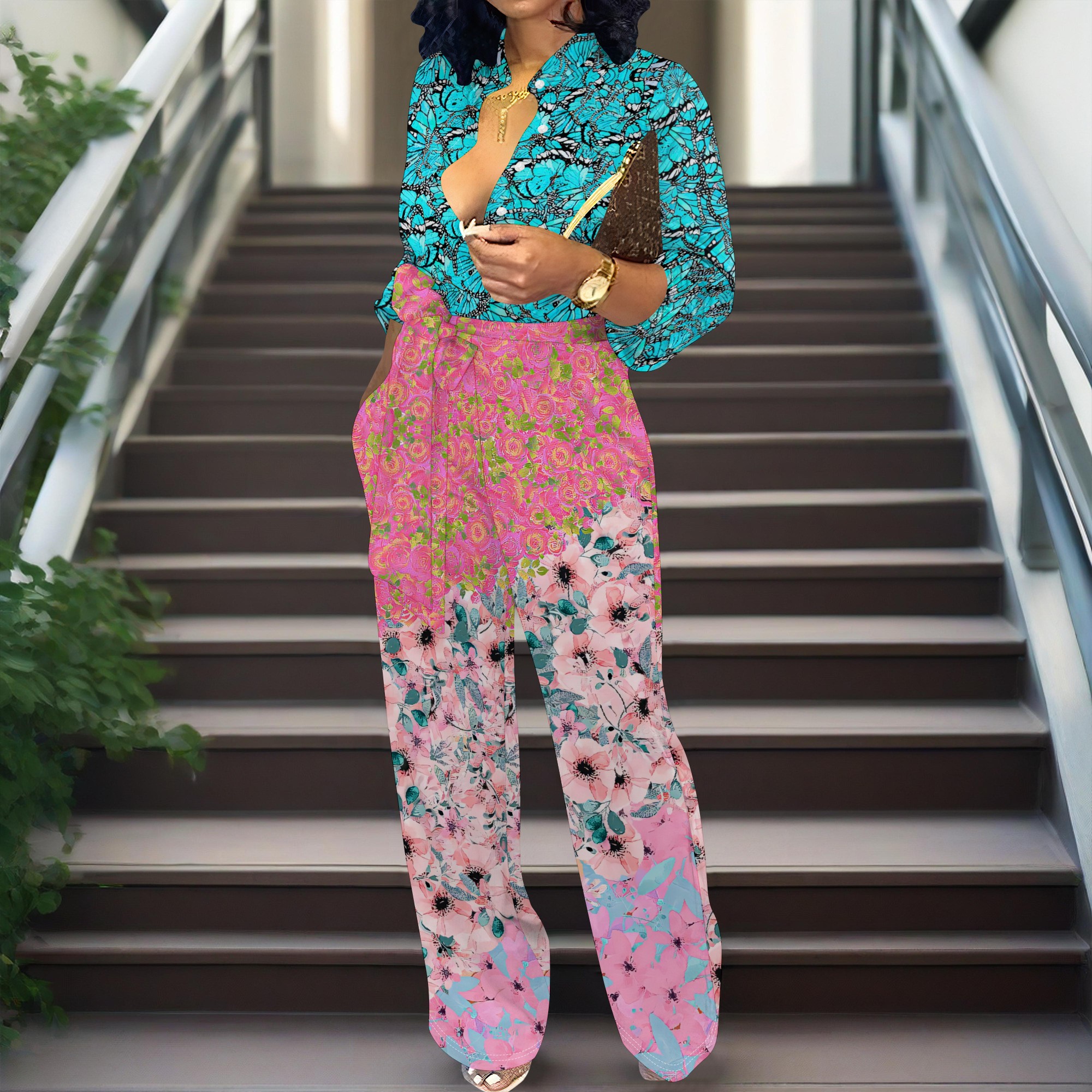 Romper Floral Print - Women’s V Neck Colorblock Floral Print