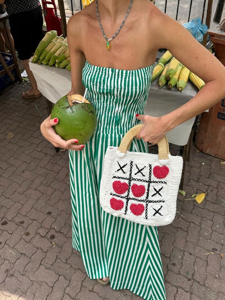 Maxi Dress Halter - Green Striped Stripless Summer Dress Women