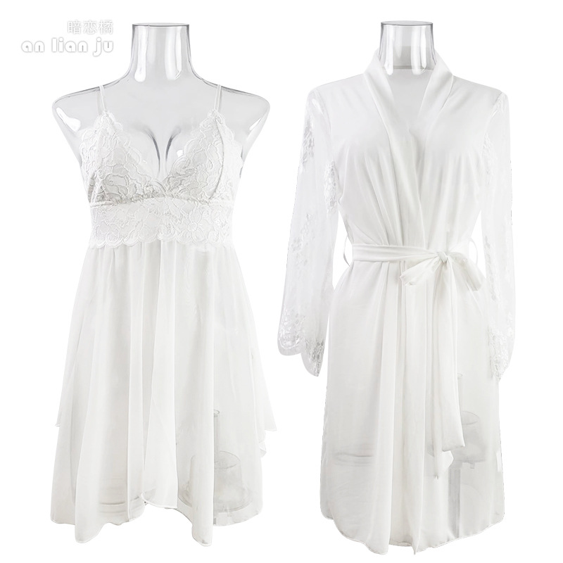 Women White Nightwear Set Flor - Kimono Sheer Floral avis et prix