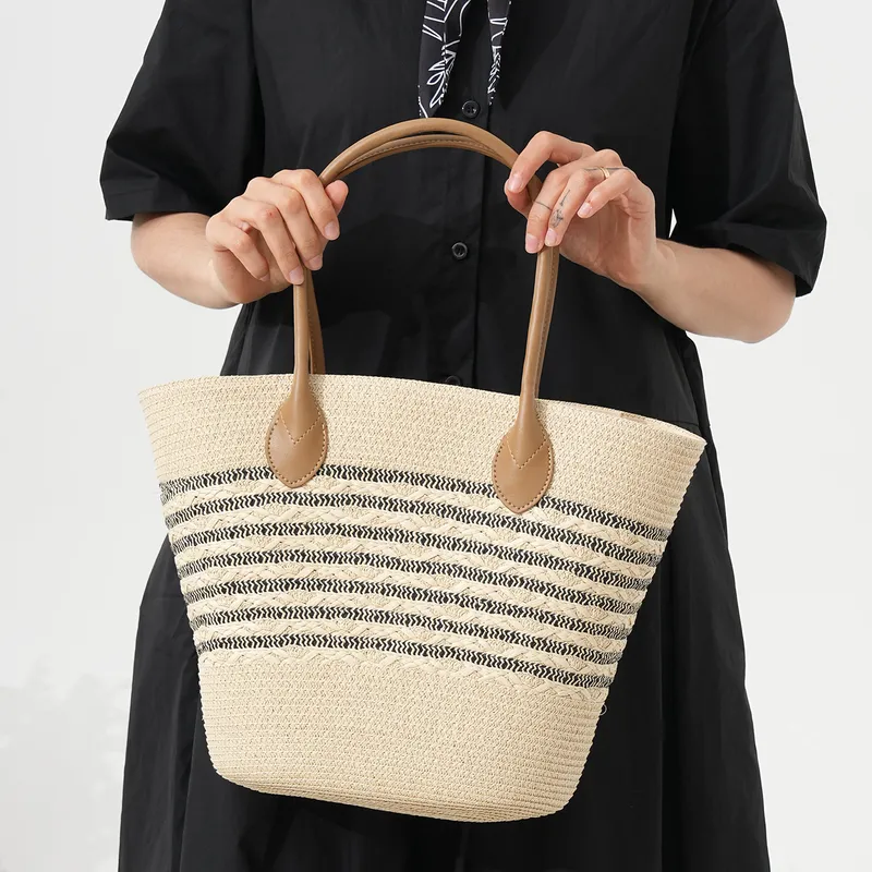 Striped woven straw beach tote - Tote Bag Beach avis et prix