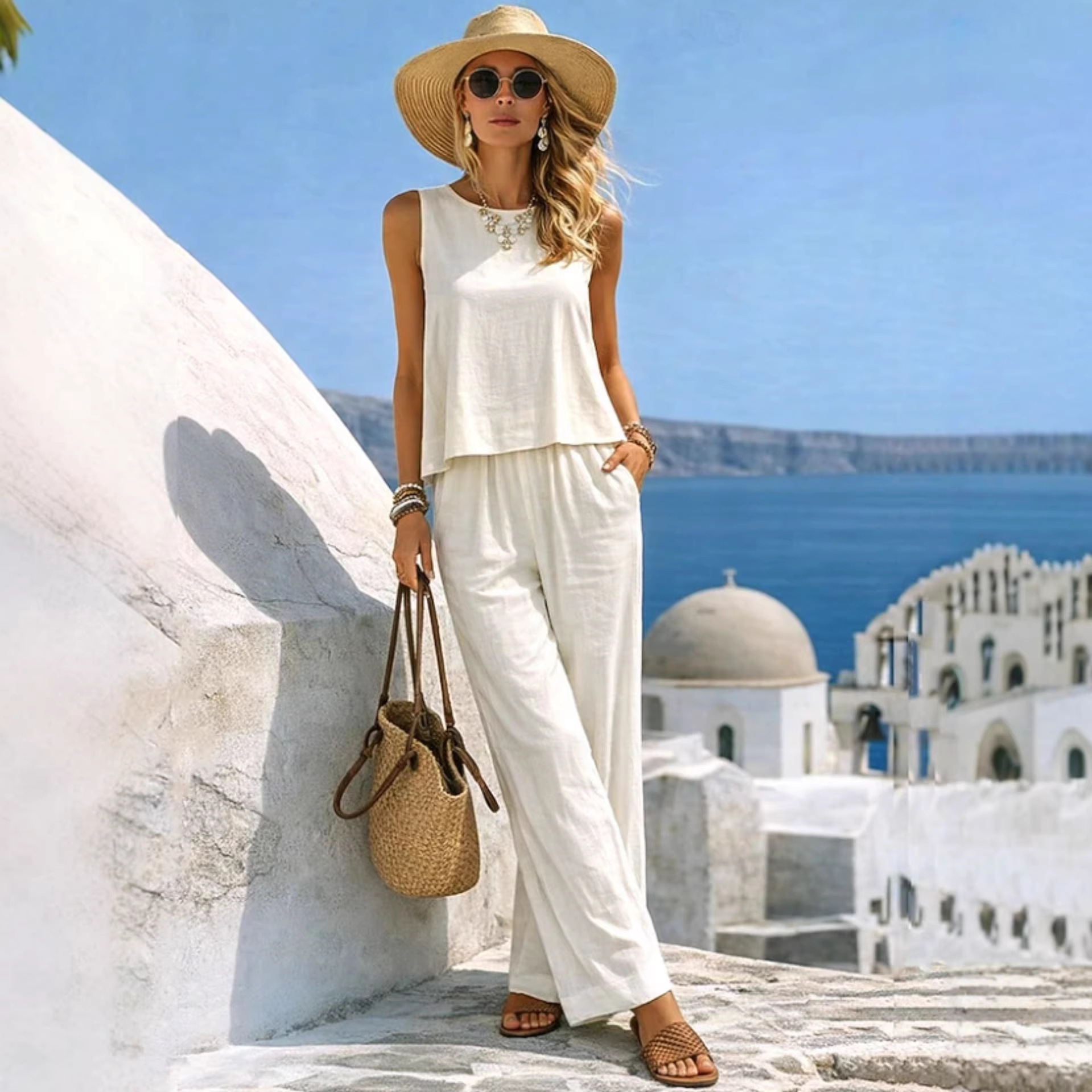  Women's Vacation 2 Piece Outf - Linen Pant Wide avis et prix