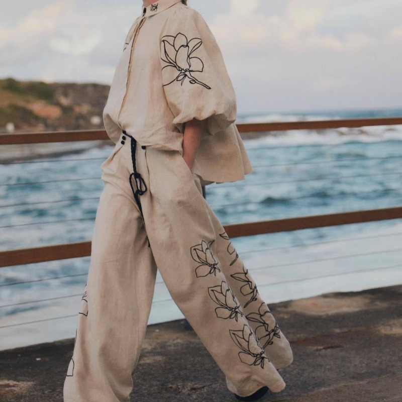 Elegant Women Linen Boho Two P - Linen Pant Wide avis et prix