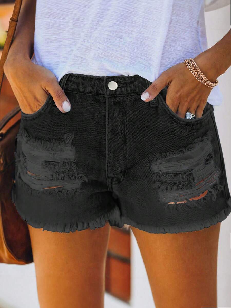 Mid Waist Washed Denim Shorts  - Shorts Denim Frayed avis et prix